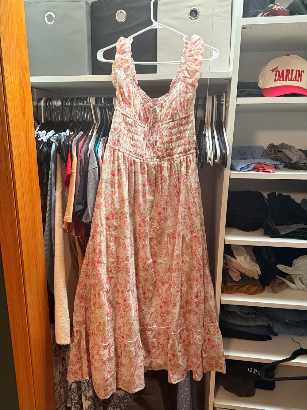 Romantic Pink Floral Smocked Maxi Dress